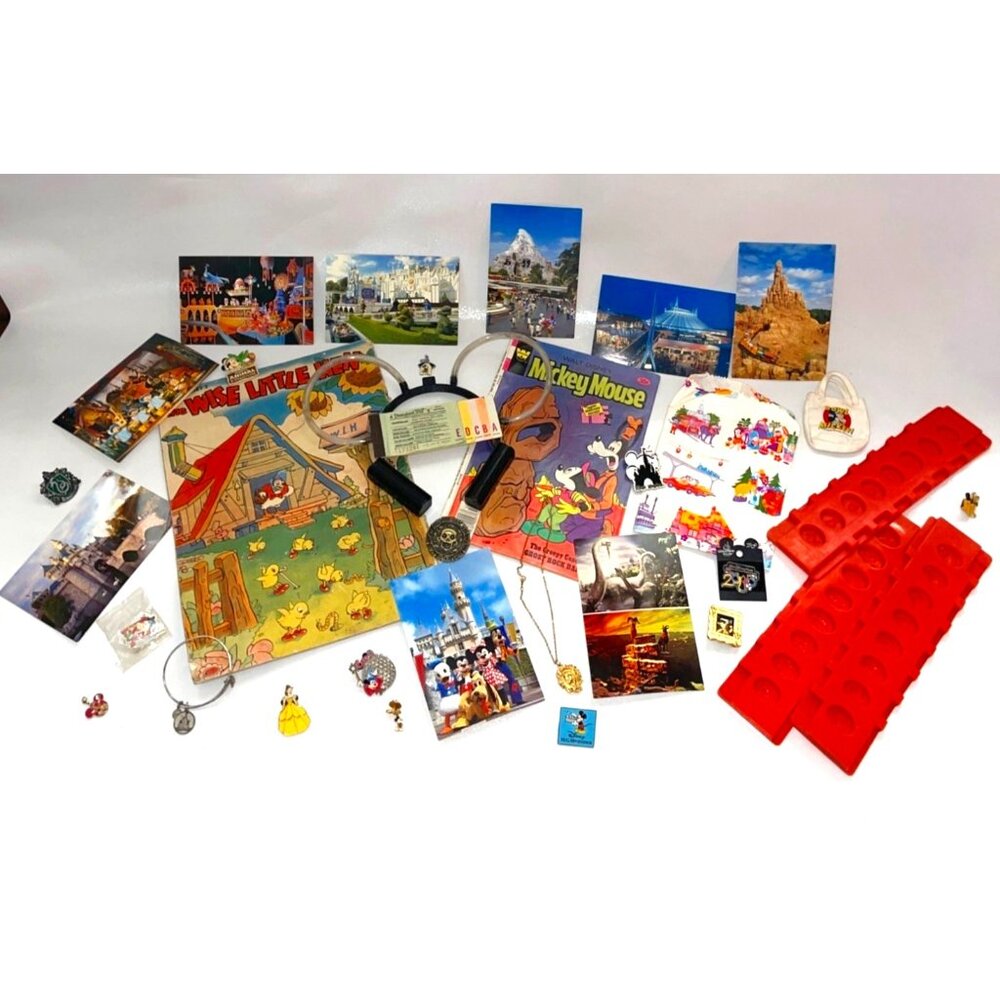 Vintage Disney Lot Pins, Postcards, Jewelry, Books, Tickets, Molds, Ears, Bags!